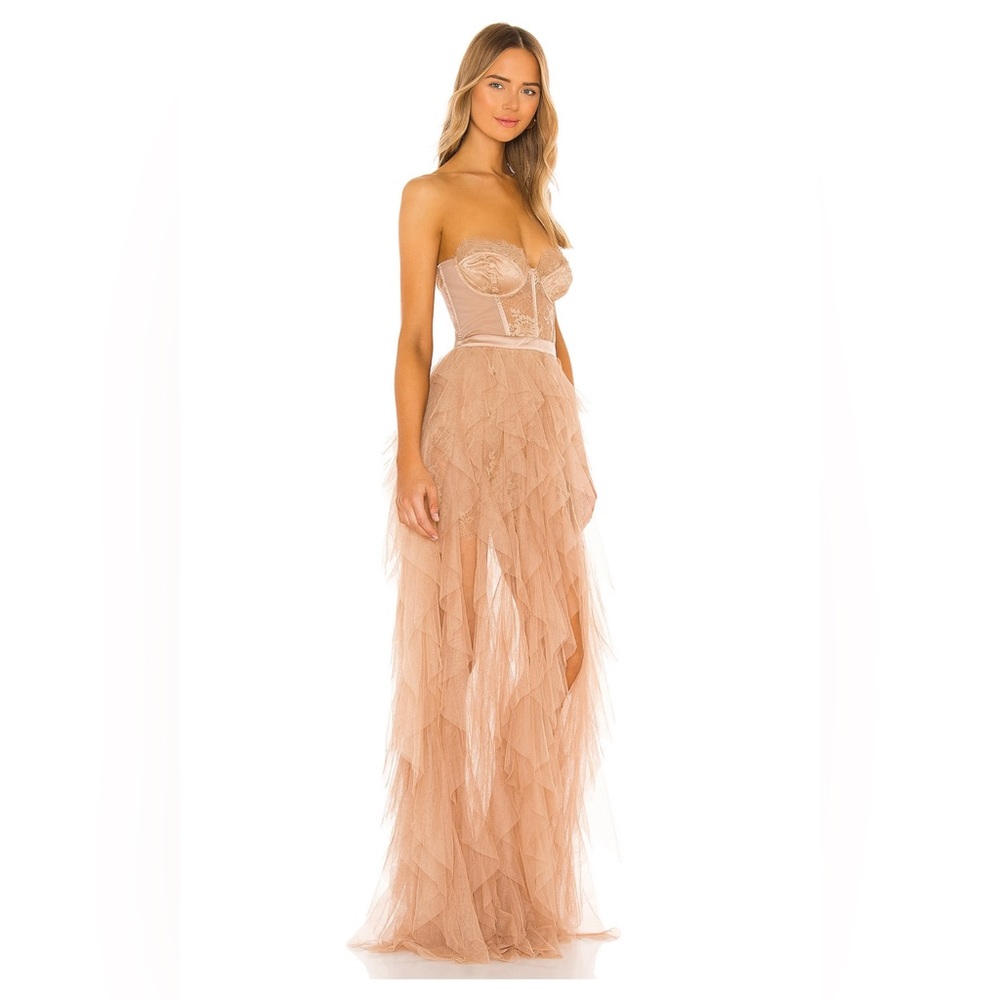 For Love and Lemons Bustier Gown in Warm Taupe.